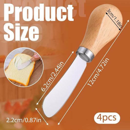 Thinp 4 Pcs Cheese Spreader Knives, Stainless Steel Butter Knife with Wooden Handles Small Cheese Knives Multipurpose Spreaders for Spreading Jam, Pastry, Cheeses (Silver)