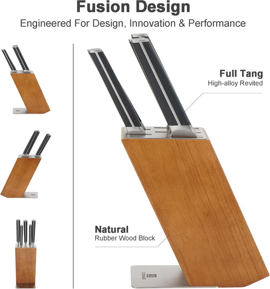 Knife Set, 7 Piece Sharp Chef Knife Set with Solid Wood Block, Unique One-Sided Magnetic Design, Full-tang Stainless Steel Knife Block Set for Home and Restaurants, Elegant Black