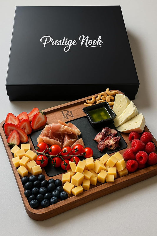 PRESTIGE NOOK- Large Acacia Wood Charcuterie Board- Slate Cheese Board for Wedding House Warming Gift, Wooden Gift for New Home with Knife Accessories Set, Food Tray Platter for Serving Snacks Meat