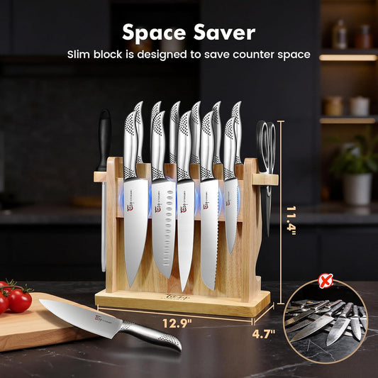 SYOKAMI Japanese Knives Set for Kitchen, Magnetic Knife Set with Block and Sharpener, Stainless Steel Knife Set as Gift for Couple, Wedding, Women or Mom with Gift Box, 14 PCS Black Dot