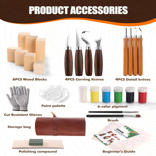 Wood Carving Kit for Beginners - Whittling Kit with Wood Blocks and Paint Set - Carving Tools for Beginners - Hobbies for Women and Men - Arts and Crafts for Adults & Kids - Gift for Girls and Boys