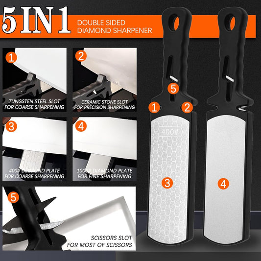 Diamond Sharpening Stone,400/1000 Grit Handheld Double-Sided Diamond Sharpener 5 in 1 Honeycomb Surface Knife Sharpener Plate Whetstone with Ceramic & Tungsten Steel Scissor Slot for Kitchen Outdoor