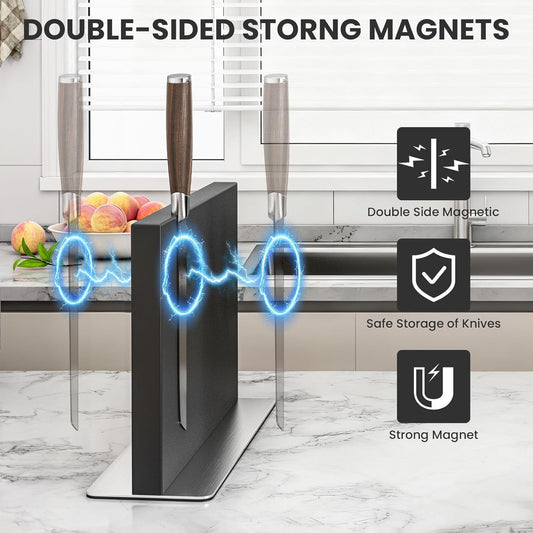 THMINS Black Magnetic Knife Block Stainless Steel Double-Sided Magnetic Knife Holder, Universal Multi-function Display Rack for Kitchen Counter