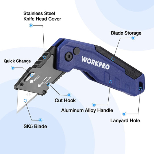WORKPRO Folding Utility Knife, Quick Change Box Cutter, Razor Knife for Cartons, Cardboard, Boxes, Blade Storage in Aluminum Handle, 13 Extra Blades Included (Red)