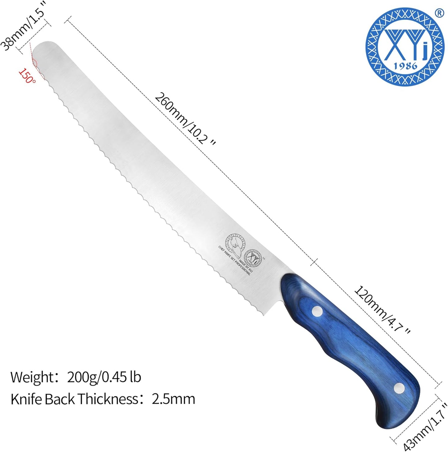 XYJ Authentic Since 1986, Bread Knife 10 inch, Stainless Steel Serrated Blade Cake Knife, Professional Slicing Bread Cutting Knives with Wood Handle for Right Hand Use, Kitchen Serrated Knife