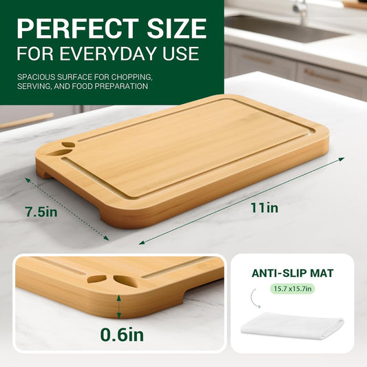 Bamboo Cutting Boards for Kitchen with Holder & Silicone Mat, Lightweight & Knife-Friendly Wood Cutting Board Set with Side Handles and Juice Grooves, Natural