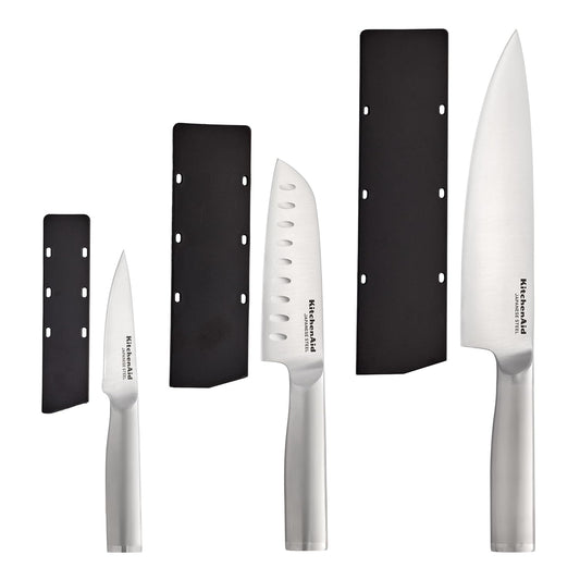 KitchenAid 3 Piece Forged Chef Knife Set High Carbon Japanese Steel, Includes 8 Inch Chef Knife, 5 Inch Santoku Knife, and 3.5 Inch Paring Knife with Blade Covers
