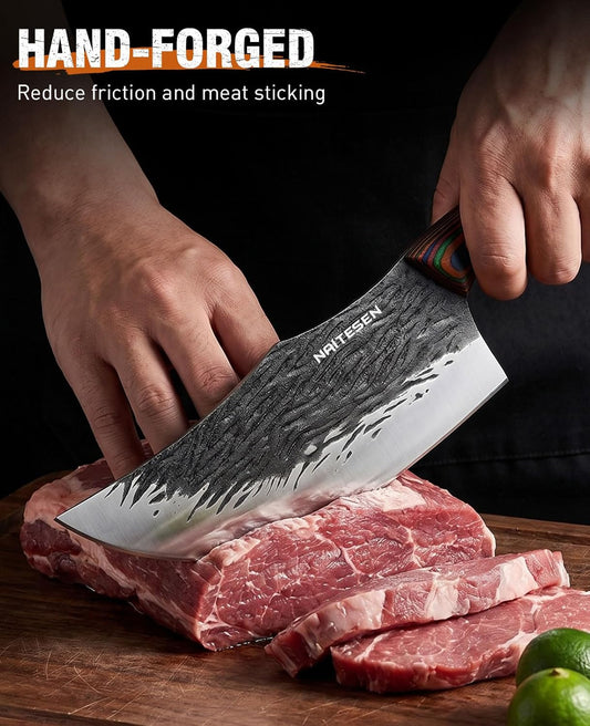 Naitesen 3PCS Hand Forged Butcher Knife Set - 15° Razor Sharp 6.5" Serbian Chef Knife, 8.5" Meat Slicer & 6.5" Boning Knife for Meat Cutting Kitchen Cooking BBQ - Gold-Stamped Gift Box