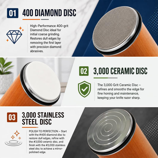 Rolling Knife Sharpener Kit – Knife Sharpener with Diamond, Ceramic & Stainless Steel Discs – 15° & 20° Strong Magnetic Angle Base – Knife Sharpener Tool for Kitchen, Chef & Utility Knives