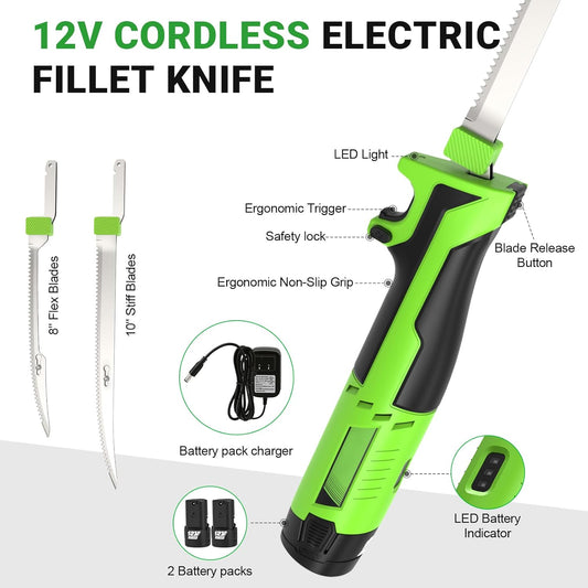 Cordless Electric Fillet Knife with 8''and 10''Razor-Sharp Blades, Pro Lithium-Ion Fish Fillet Knife, 2 Rechargeable Battery Packs, 1 Quick Battery Charger, 1 Storage bag, for Fishing, Outdoors