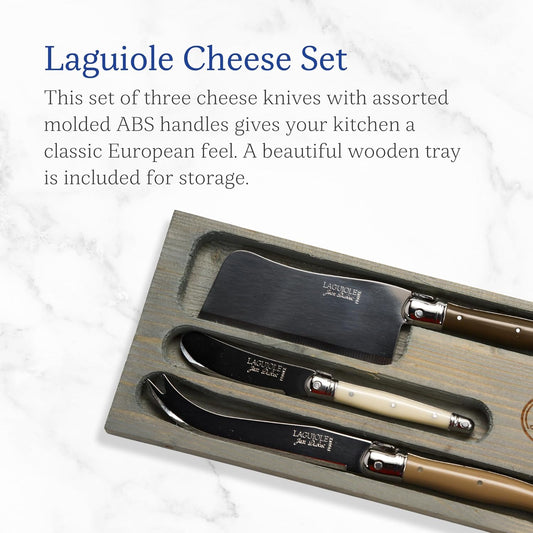 Jean Dubost Laguiole 3-Piece Cheese Knife Set, Stainless Steel Handles - Rust-Resistant Stainless Steel - Includes Wooden Box - Made in France