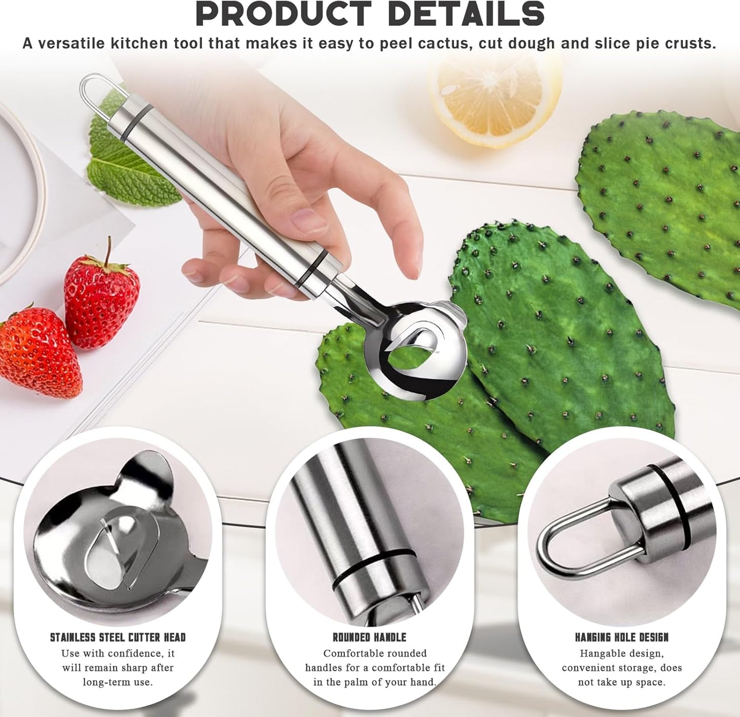 Spoon Cactus Peeler Tool, Stainless Steel Peeler Cactus, Cuchara Peladora De Nopales Tool Noodle Cutter Knife With Hole with Long Handle