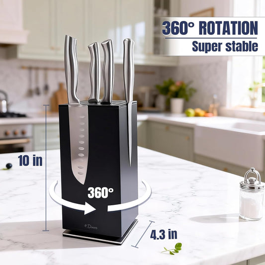Dmore magnetic knife block without knives, 360° rotatable magnet knife holder stand made of fine acacia wood, Extra Large capacity knife storage for knives and utensils for kitchen counter top