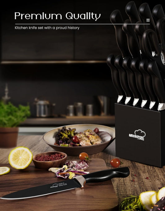 Amorston Knife Set, 15 Pieces Knives Set for Kitchen Knife Set with Block and Sharpener, Dishwasher Safe Knife Block Set German Stainless Steel Kitchen Knife Sets for Apartment New Home Housewarming