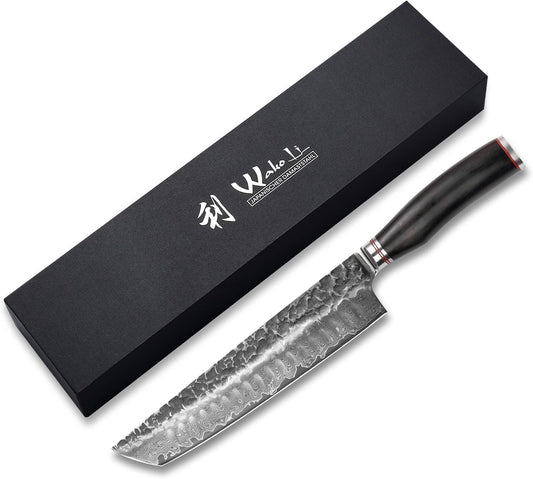 Wakoli EBO BBQ Gyuto Knife – 7.9-inch Damascus Butcher Knife | 67-Layer VG10 Core Steel | Dark Oak Wood Handle | Professional Meat Cutting Tool in Gift Box