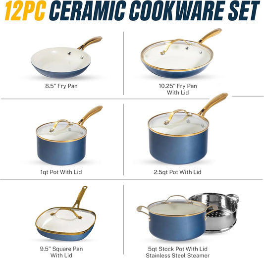 Gotham Steel 20pcs Pots and Pans Set Non Stick Ceramic Cookware Set with Deep Frying Pan Set & 6pc Knife Set, Improved Ti-Cerama Coating Made without PFOA PFOS Lasts 2x Longer, Oven & Dishwasher Safe