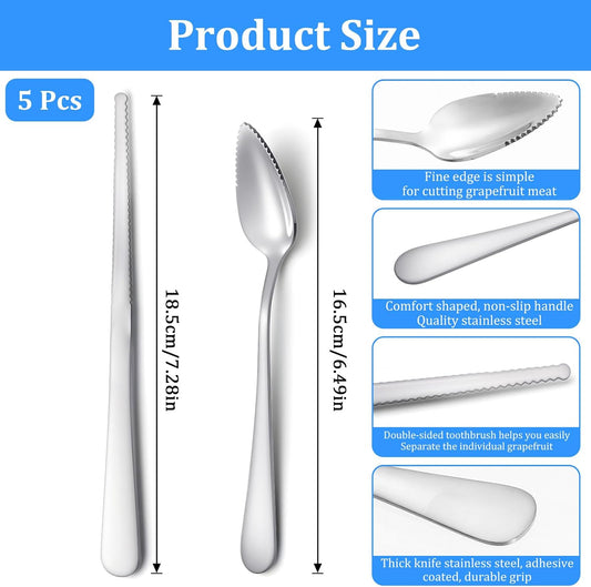 5Pcs Grapefruit Spoons & Knife Set, 4 Stainless Steel Grapefruit Spoon and 1 Grapefruit knife, Utensils With Serrated Edge & Thick Gauge Handle for Kiwi, Dessert, Apple, Citrus Fruit, Non-Stick