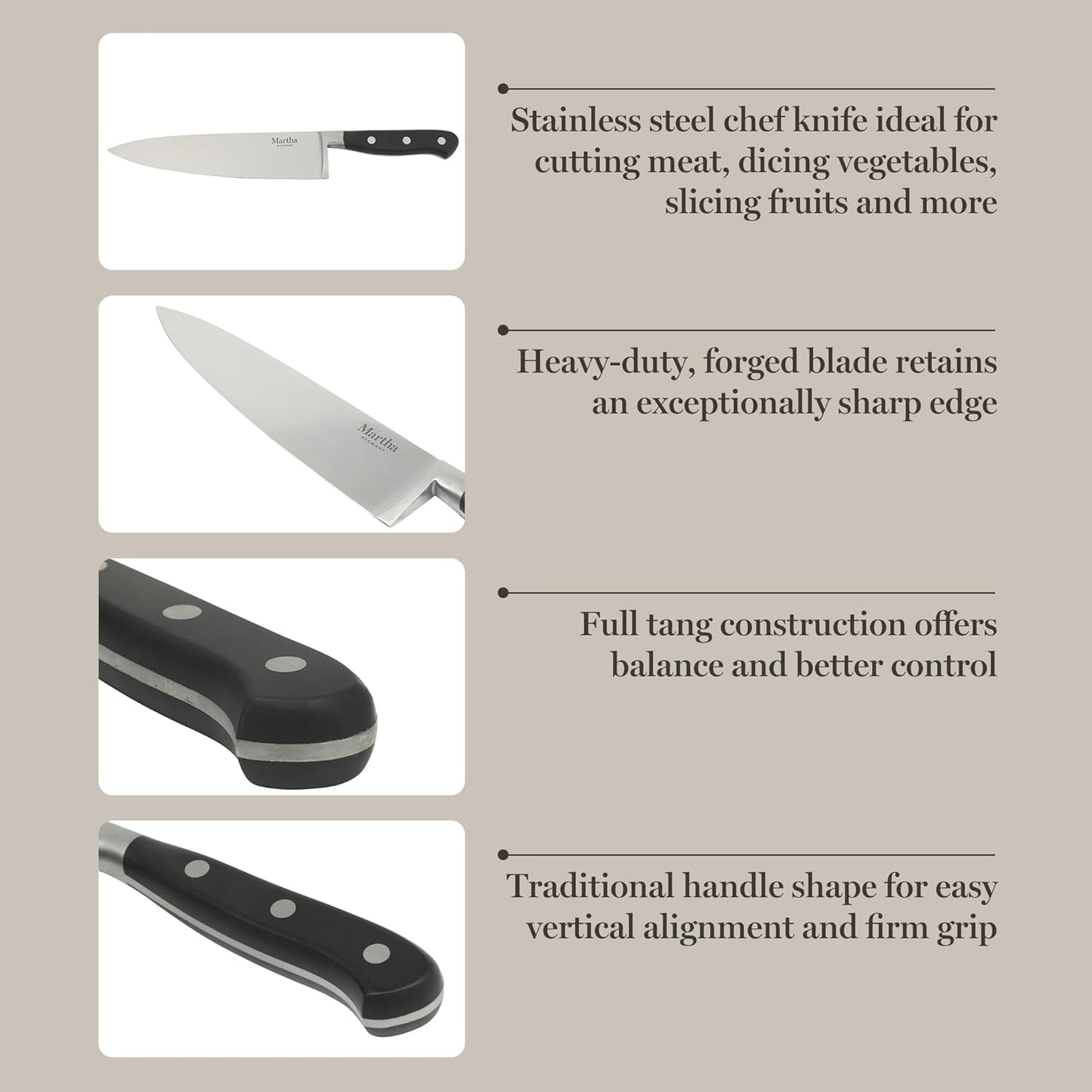 Martha Stewart Carverton 10" Hollow Edge Slicer Knife, High Carbon Stainless Steel Kitchen Knives w/Black Triple Riveted Handle