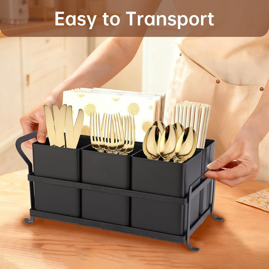 Silverware Caddy Metal Utensil Holder for Party Countertop Silverware Utensil Caddy Cutlery Flatware Organizer for Spoons Forks Plates Napkins white&Black