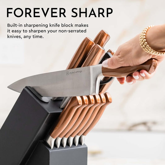 Styled Settings Gold Knife Set with Block & Built-In Sharpener – 14-Piece Full Tang Kitchen Knives Set – Gold Knives Set with Self-Sharpening Block, Titanium Knife Set with Black Block