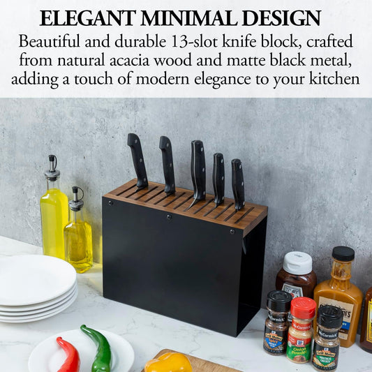 MyGift 13 Slot Deluxe Natural Acacia Solid Wood and Matte Black Metal Universal Knife Block, Kitchen Countertop Cutlery Holder, Safe Blade Storage Knives Rack