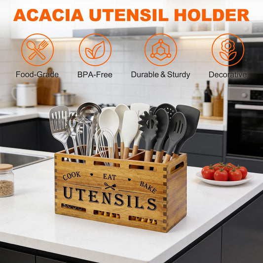 Extra Large Black Wood Utensil Holder Organizer Farmhouse Kitchen Decor Cutlery Spatula Holder Silverware Caddy Wooden Cooking Utensils Holder for Kitchen Countertop Utensil Crock Spoon Tools Holder