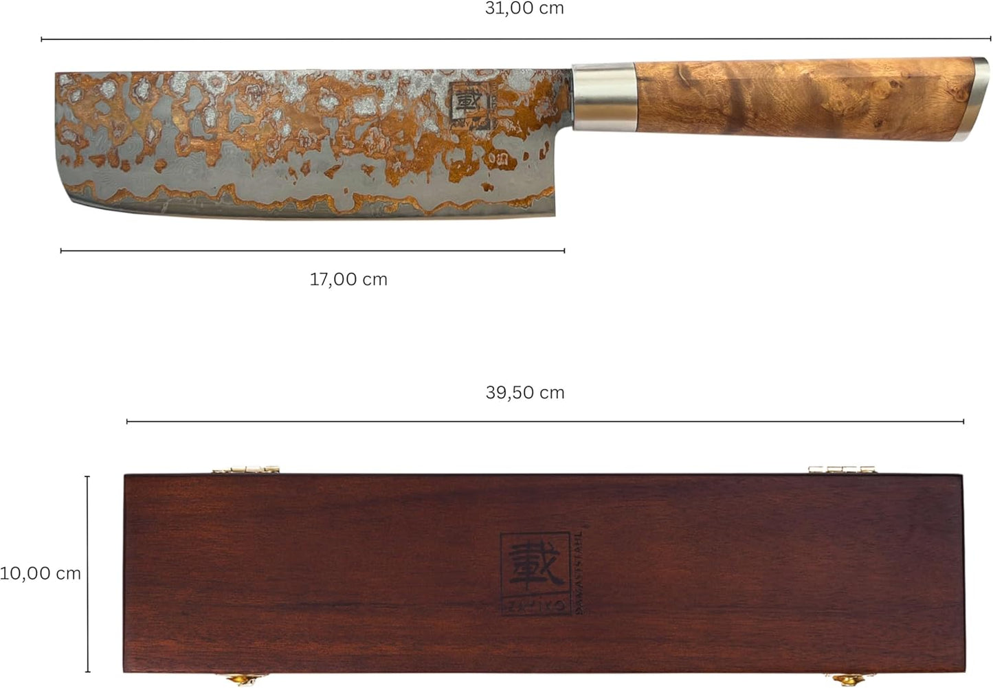 zayiko MysticMagma Nakiri Damascus Knife, 17 cm Blade made of 67 Layers of Damascus Steel with copper and bronze Inlay, DualCurve Handle made of maple root Wood, wooden Box