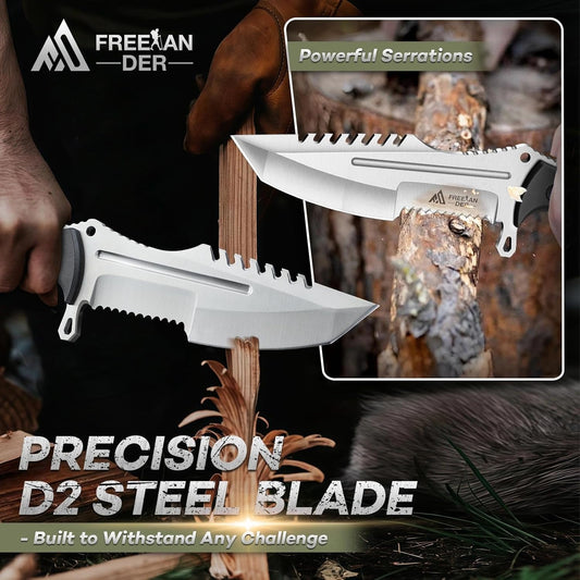 Freelander Fixed Blade Knife with Sheath, Full Tang D2 Steel Survival Knife, Camping Bushcraft Knives with Ergonomic Handle, Outdoor Knives for Men