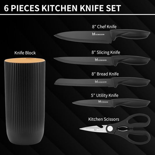 Knife Set - 6 Piece Knife Block Set, Knives Set for Kitchen Scissors With Compact Holder, No Stick Sharp Chef Knife, Razor Sharp Ergonomic Handle Design (Khaki)