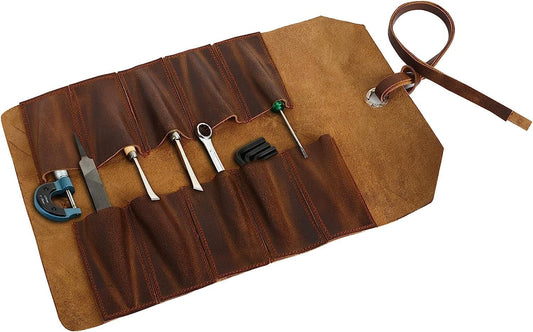 Vintage Leather Tool roll up Pouch, Portable Wrench roll for Barbers,Woodworker,Painter,Chisel Tool (Full Grain Leather)