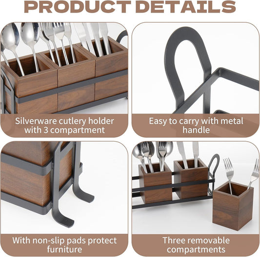 Wooden Utensil Holder with Drain Holes - 3 Compartments Farmhouse Kitchen Utensil Caddy Silverware Holder, Black Metal Tray Flatware Organizer for Spoons Forks Knives (New Improved Version)