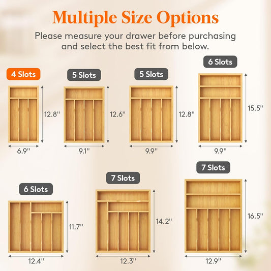 Lifewit Silverware Drawer Organizer, Expandable Utensil Tray for Kitchen, Flatware and Cutlery Holder, Wood Adjustable Storage for Spoons Forks Knives, 13-22x15/ 33-56x38cm, Natural