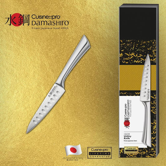 CUISINE::PRO® Damashiro® Utility Knife 4.5in Premium Quality 420J2 Steel, Serrated Blades, Ice Hardened, Seamless Stainless Steel Handle