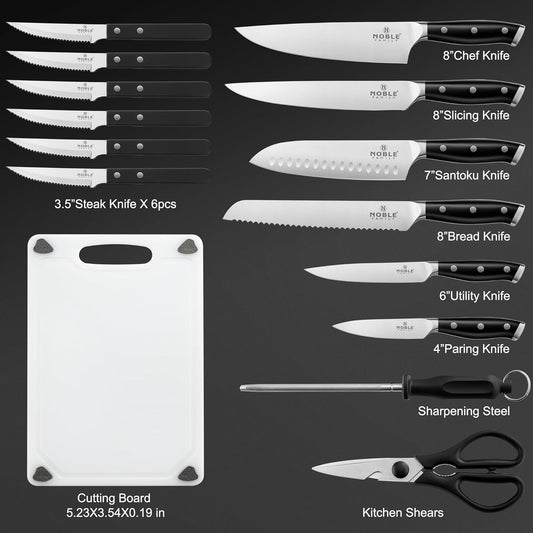 N NOBLE FAMILY In-drawer Knife Block Set, 16PCS Kitchen Knife Set with Wooden Block, Chopping Knives Set, Stainless Steel Knife Block Set, Sharp Cooking Knife Set with Cutting Board, Rust Proof, White