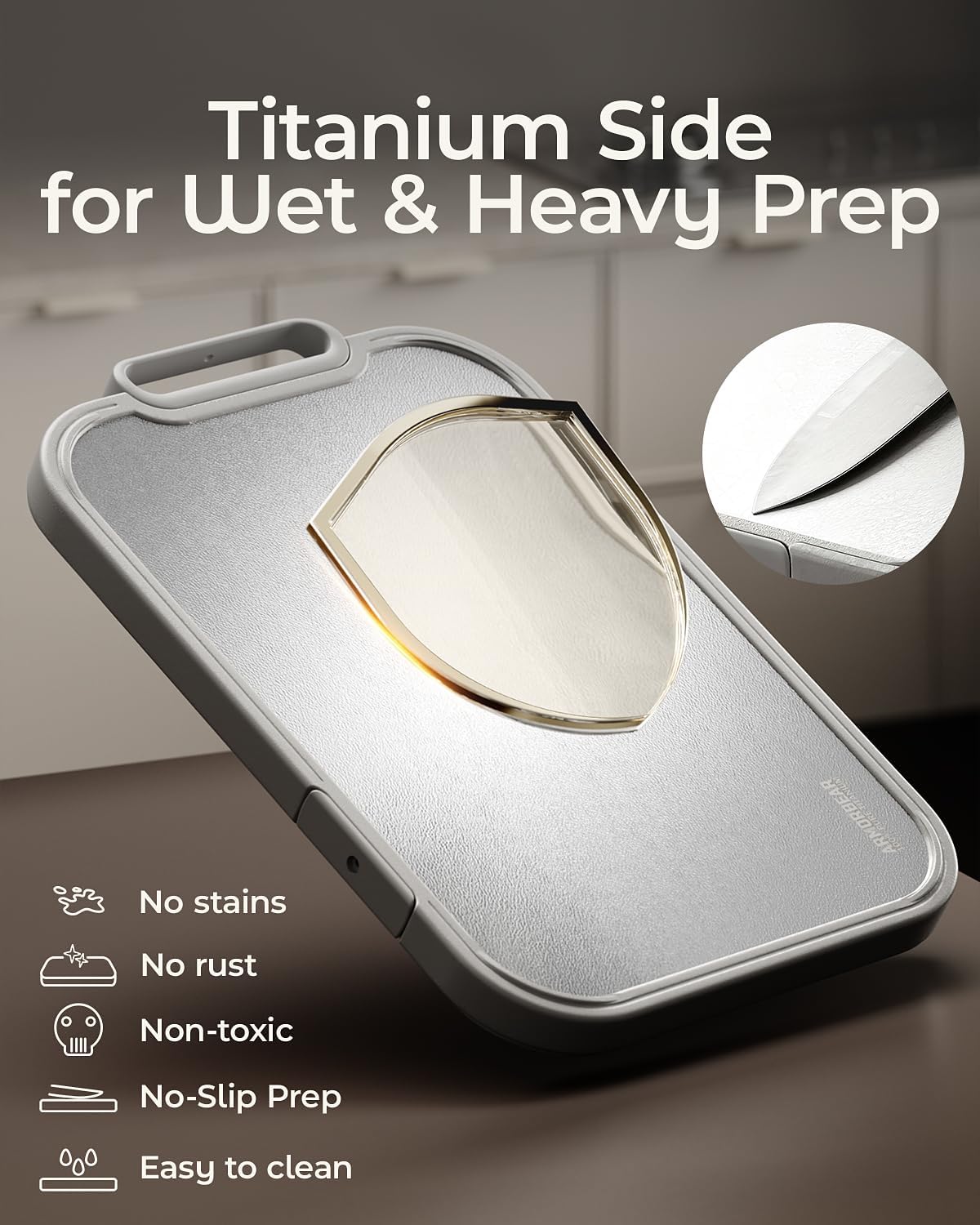 Titanium Cutting Board 2-in-1, Double Sided Wood Cutting Board for Kitchen – Non Toxic Ebony Wood & Titanium Large Chopping Board, Ideal for Meat, Vegetables & Family Cooking