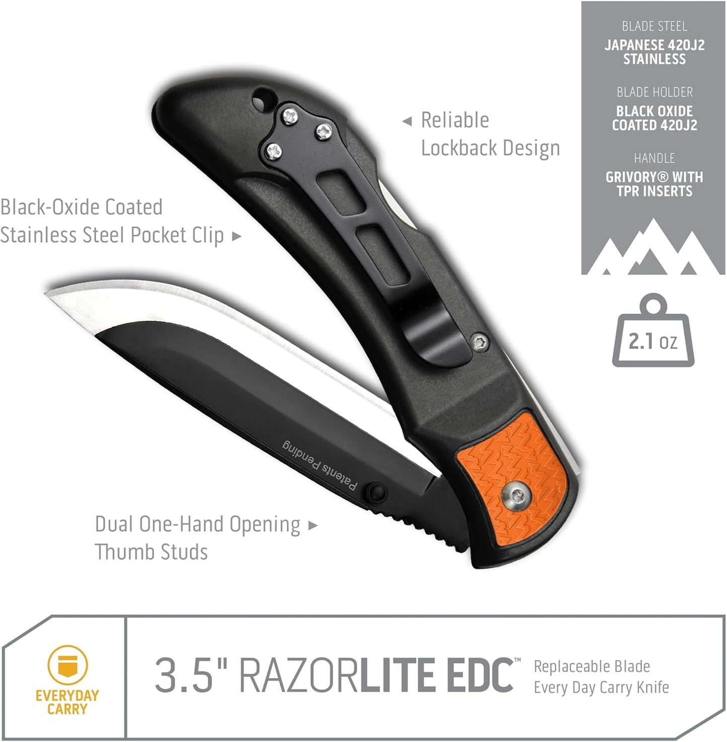 OUTDOOR EDGE 3.5" RazorLite EDC Knife. Pocket Knife with Replaceable Blades and Clip. The Perfect Hunting Blade for Skinning Deer. Blaze Orange with 6 Blades
