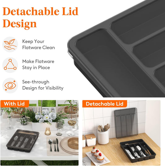 Lifewit Silverware Organizer with Lid, Covered Utensil Tray for Kitchen Drawer and Countertop, Plastic Cutlery and Flatware Storage Box for Spoons Forks Knives Holder Case, 12.6x11.8", Black