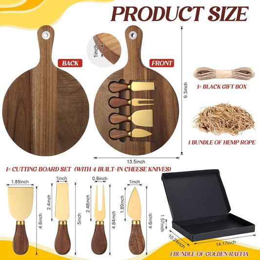 Acacia Cheese Board and Knife Set Including Stainless Steel Cheese Tools with Slicer and Cutters for Platter Cutting Serving Plate Tray Housewarming Wedding Gift