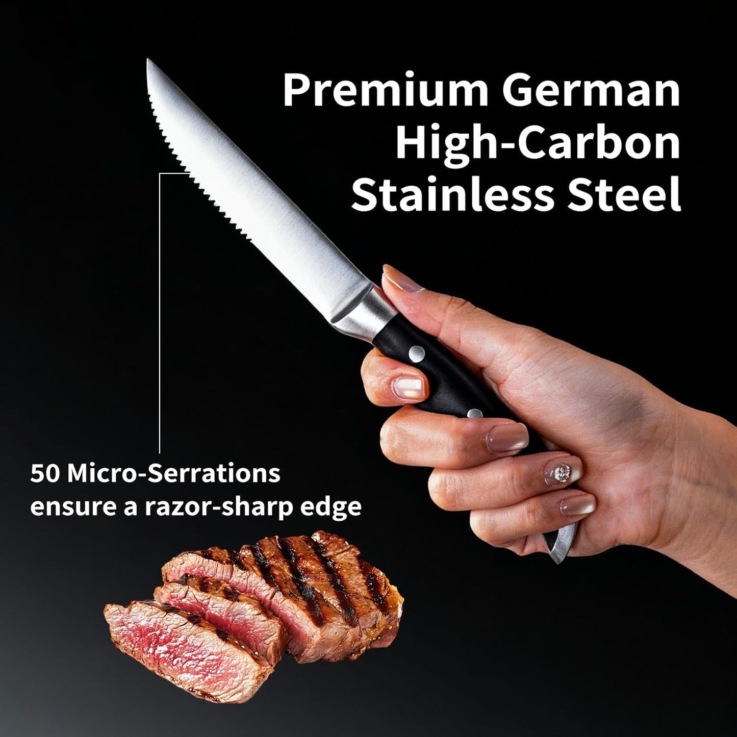 4.5 Inch Steak Knife Set of 4, Knives Set for Kitchen, Paring Knife, Stainless Steel Serrated Knife, Lacquered Wood, Black