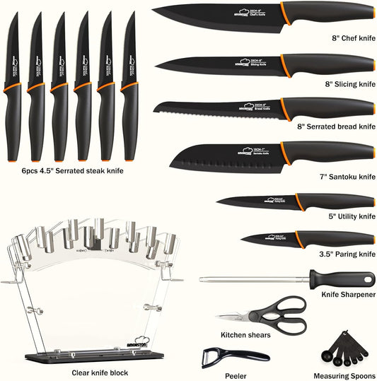 Amorston Knife Set, 22-Piece Kitchen Knife Set with Acrylic Block, Dishwasher Safe with Sharpener, High Carbon Stainless Steel, Anti-slip Ergonomic Handle, Black,Valentine's Gift