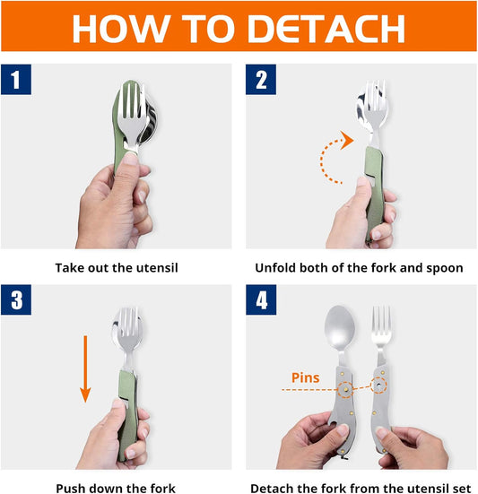 HIKENTURE Camping Utensils with Case 4-in-1 Folding Flatware Stainless Steel Fork Knife Spoon Bottle Opener Travel Cutlery Hobo Multitool Set(Black 2 Pack)
