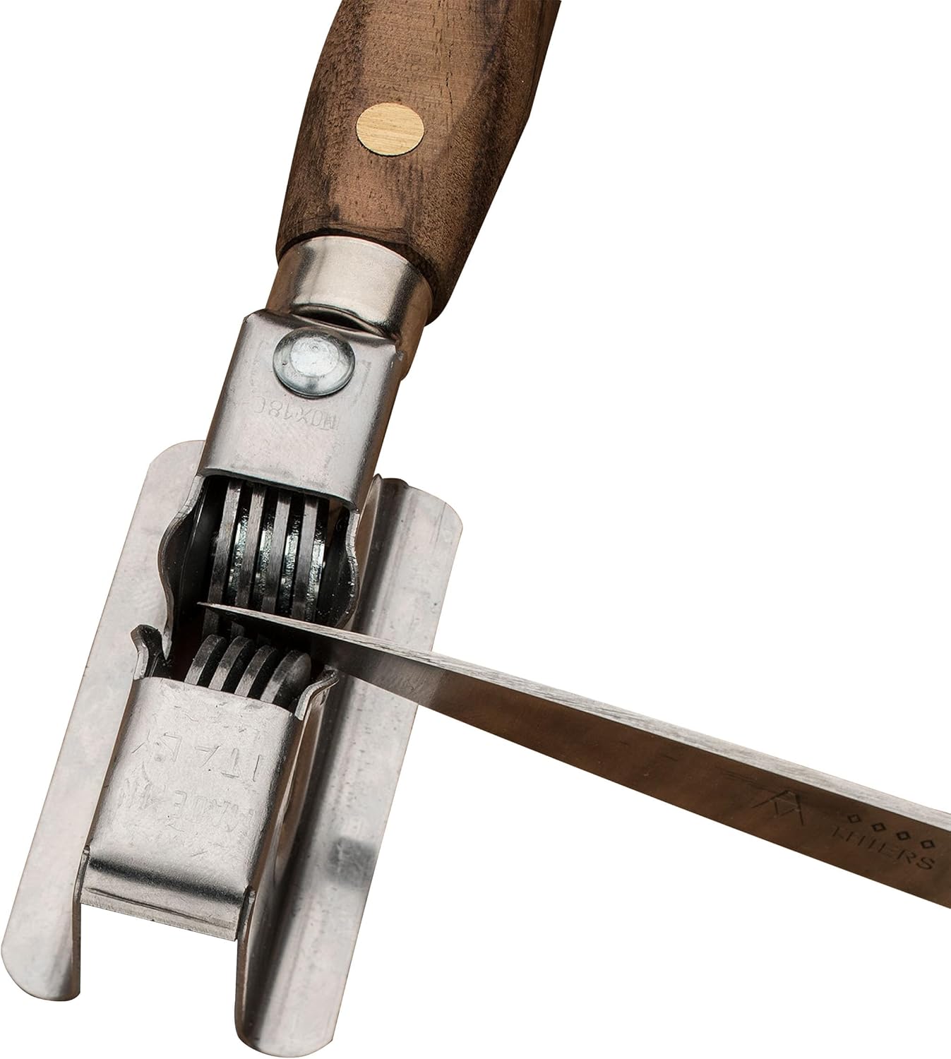 Knife Sharpener - Handheld Manual Sharpening Tool for Fixed Blades, Pocketknives, and Kitchen Knives - Blade Sharpener with Rotating Steel Wheel Sharpening Discs and Beech Handle by Kings County Tools