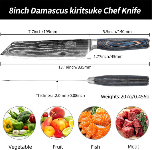Damascus Kiritsuke Knife, 8-Inch Kiritsuke Chef Knife with 9Cr18MoV Steel Core, Japanese Kitchen Knife with Wood Handle - Razor Sharp Chef's Knife for Home Kitchen with Gift Box