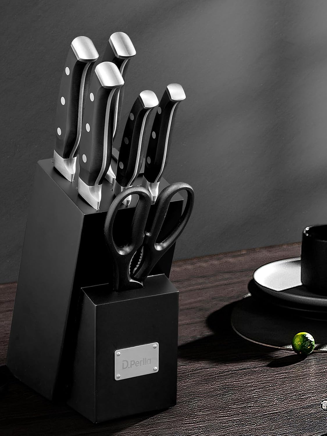 Knife Set, D.Perlla 8 Pieces Kitchen Knife Set with Built-in Sharpener, High Carbon German Stainless Steel Knife Block Set with Unique Waved Pattern, Non-slip Handle, Black