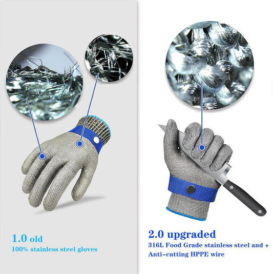A9 Level 9 Cut Resistant Glove Food Grade, 2.0 Upgraded Protective/Anti Knife Cutting Stainless Steel Mesh Metal Glove, for Chefs Kitchen Work Oyster Shucking Butcher Meat Cutting (Large)