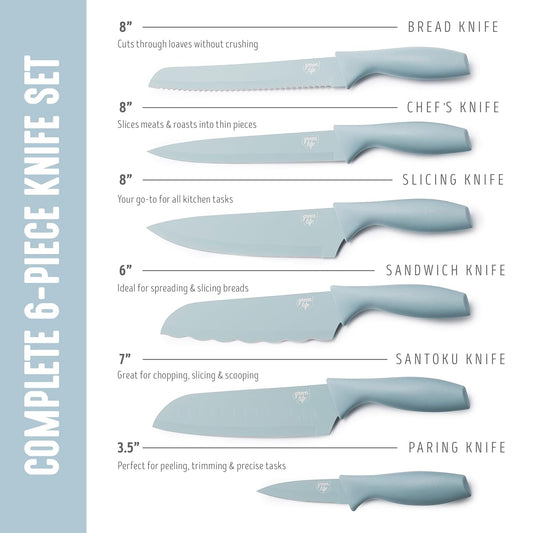 GreenLife 6 Piece Kitchen Knife Set, Rust-Resistant Nonstick Coating, High Carbon Stainless Steel Knives, Blade Guards, Razor Sharp, Ergonomic Handle, Chef, Santoku, Paring, Sage Green