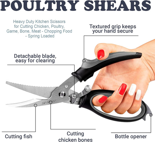 Poultry Shears Heavy Duty Professional – Sharp Kitchen Scissors – Meat & Game Scissors Split Apart - Stainless Steel Turkey Shears - Spring Loaded Ergonomic Handles - All Purpose Kitchen Shear