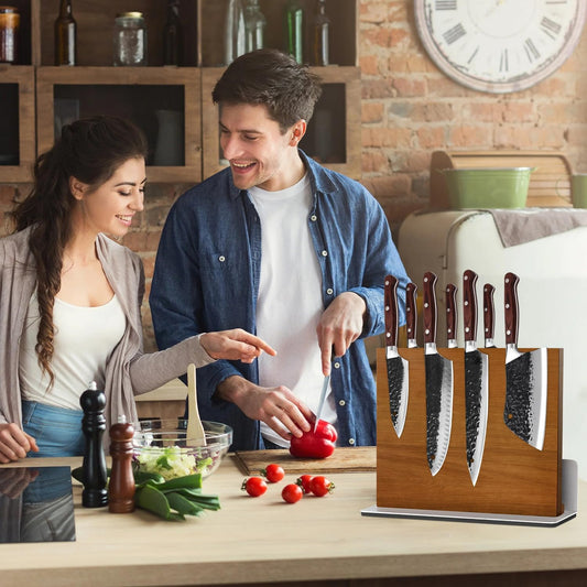 2 in 1 Wood Magnetic Knife Block with Sharpener, Acacia Wood Magnetic Knife Board with Anti-Slip Base, Double Side Strong Magnetic Knife Holder Stand for Kitchen Countertop