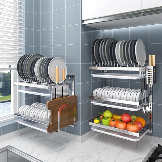 Stainless Steel Wall Mounted Dish Drying Rack, 2/3-Tier Kitchen Counter Organizer with Hooks, Chopsticks Cage and Knife Holder - Space Saving Dish Drainer and Utensils Shelf,A-1