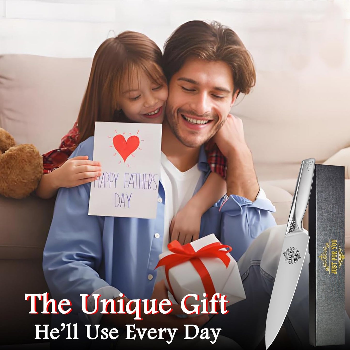 Fathers Day Dad Gifts from Son Daughter - Best Dad Ever Engraved 8 inch Chef Knife Present for Dad Birthday Father Day Kitchen Gadgets